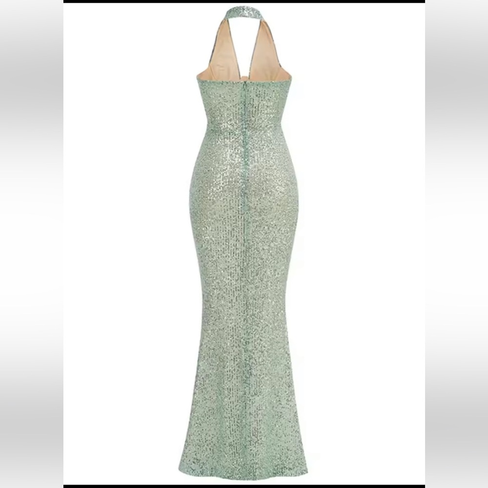 Gorgeous Green Sequin Halter Gown - Picture 2 of 12